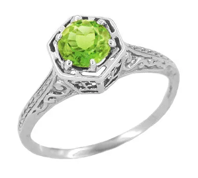 Hexagonal Filigree Art Deco Peridot Ring in 14 Karat White Gold