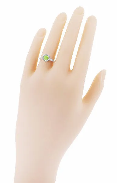 Hexagonal Filigree Art Deco Peridot Ring in 14 Karat White Gold