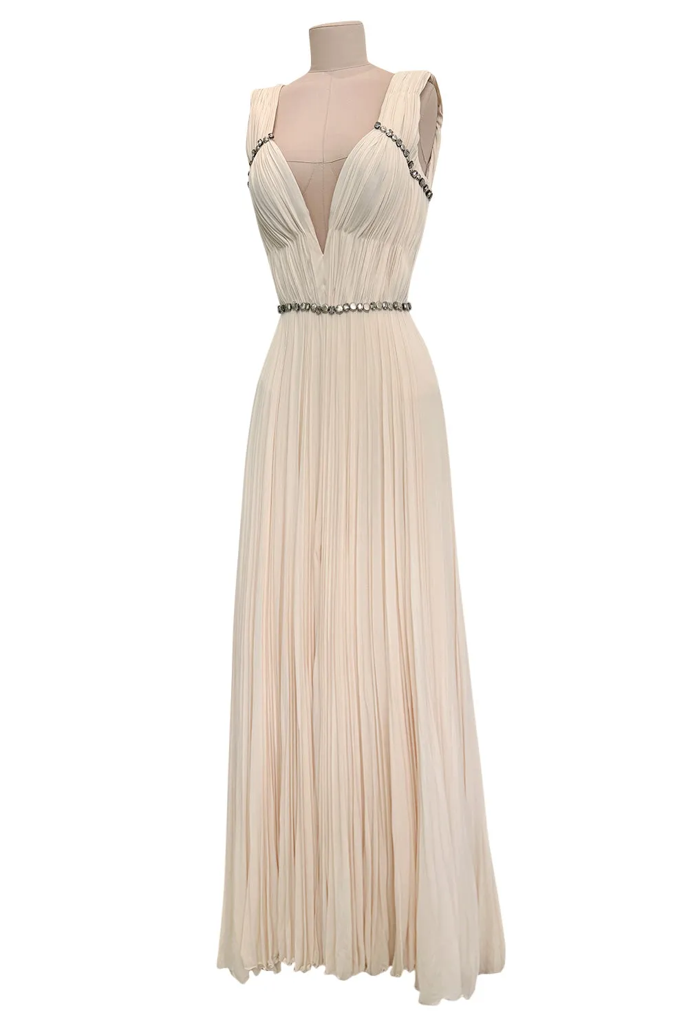 Incredible Fall 2007 Roberto Cavalli Ivory Pleated Silk Jersey Dress w Front Plunge & Rhinestones