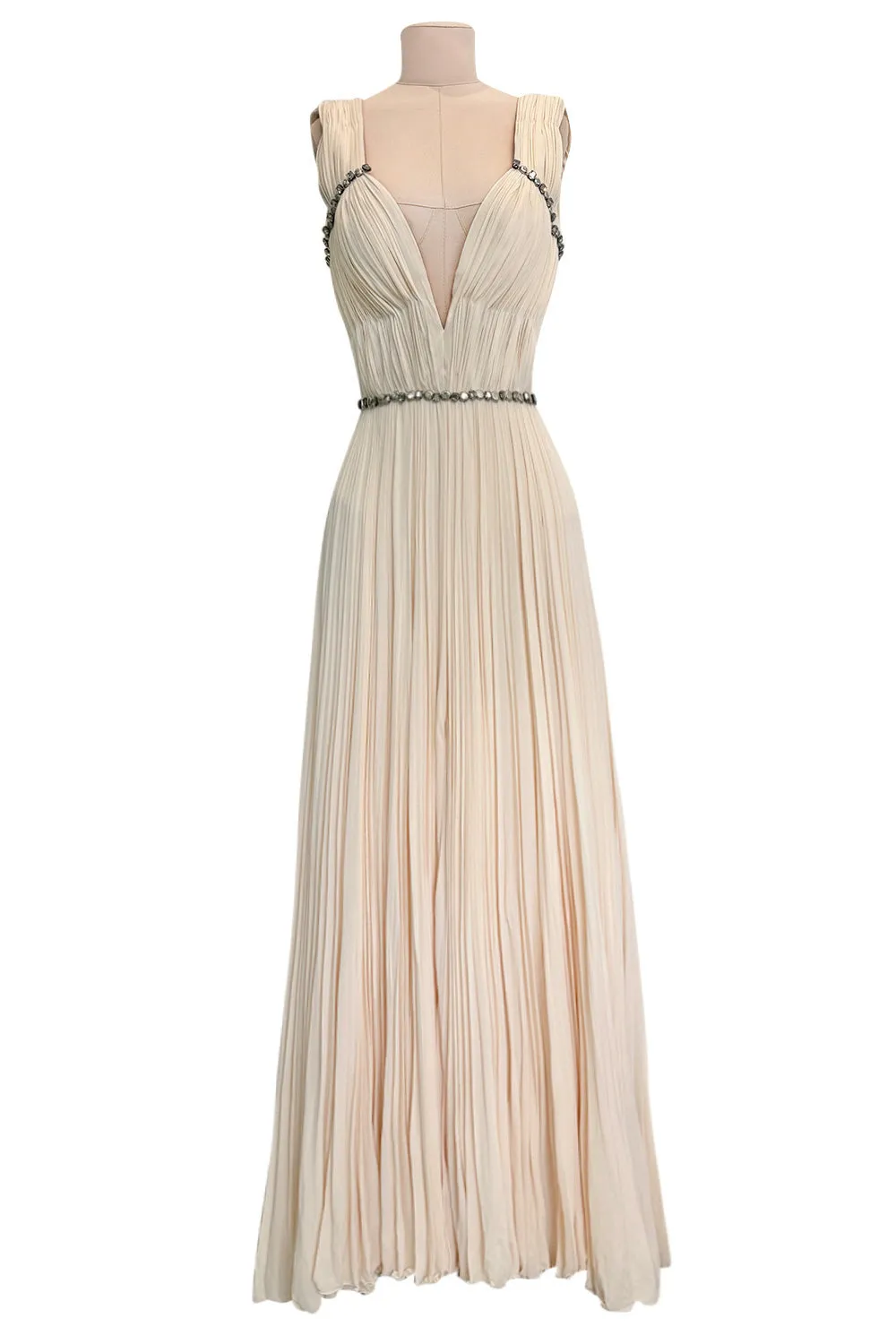 Incredible Fall 2007 Roberto Cavalli Ivory Pleated Silk Jersey Dress w Front Plunge & Rhinestones