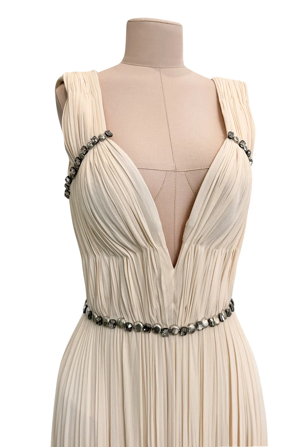 Incredible Fall 2007 Roberto Cavalli Ivory Pleated Silk Jersey Dress w Front Plunge & Rhinestones