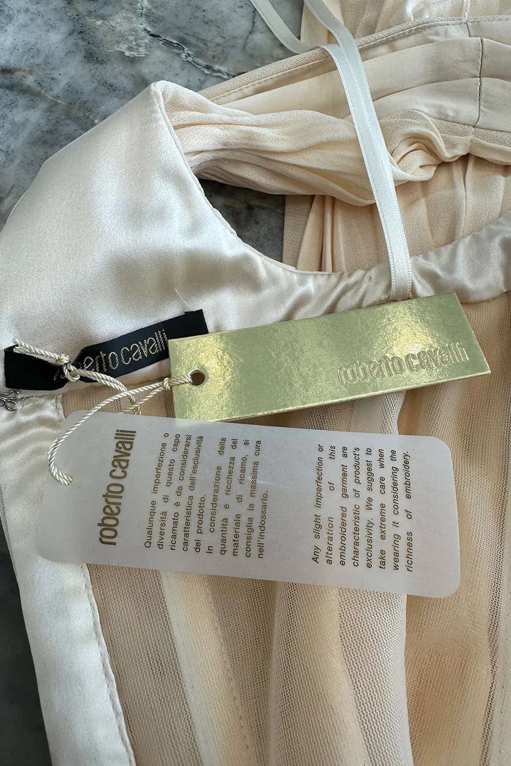Incredible Fall 2007 Roberto Cavalli Ivory Pleated Silk Jersey Dress w Front Plunge & Rhinestones