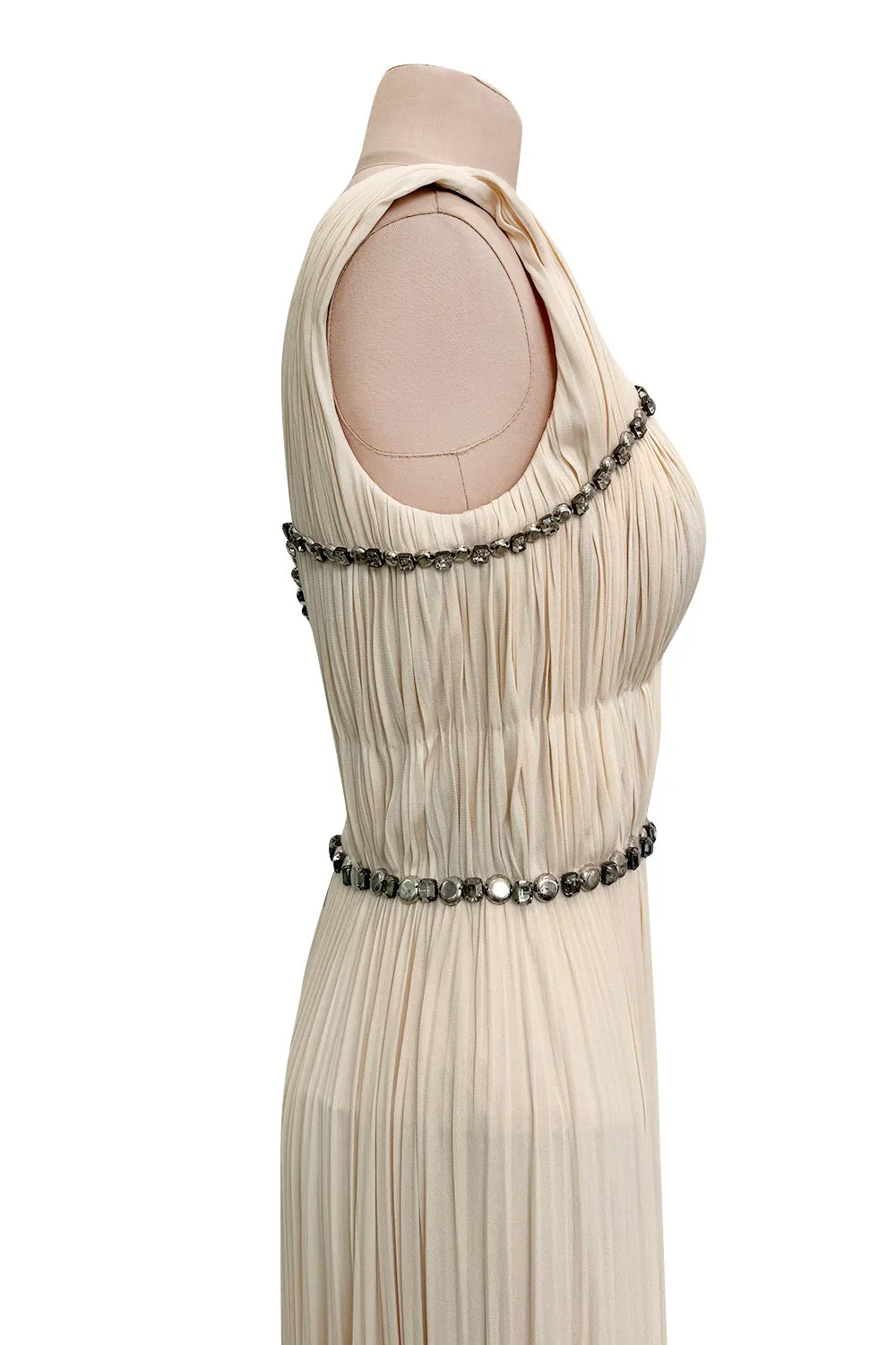 Incredible Fall 2007 Roberto Cavalli Ivory Pleated Silk Jersey Dress w Front Plunge & Rhinestones