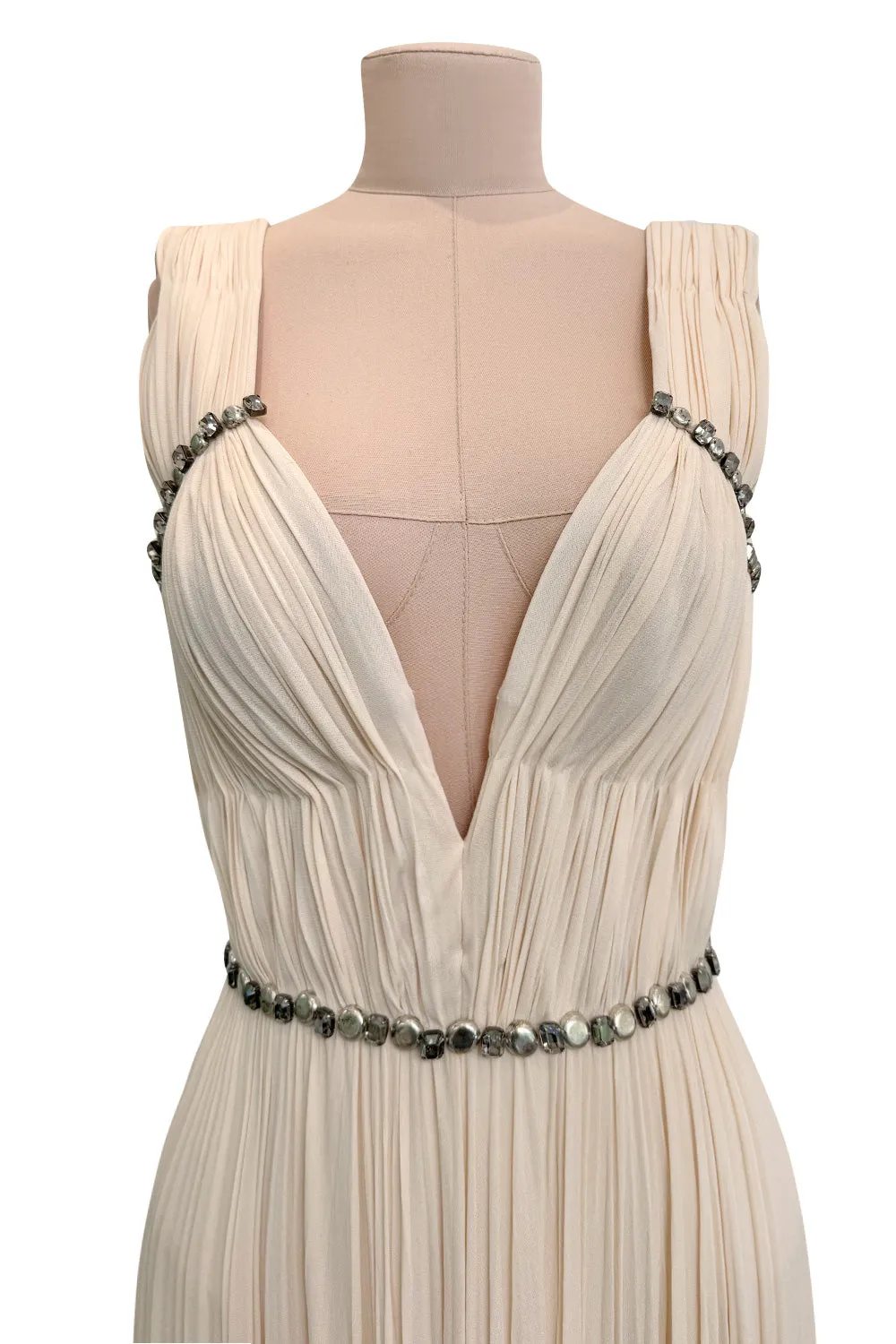 Incredible Fall 2007 Roberto Cavalli Ivory Pleated Silk Jersey Dress w Front Plunge & Rhinestones