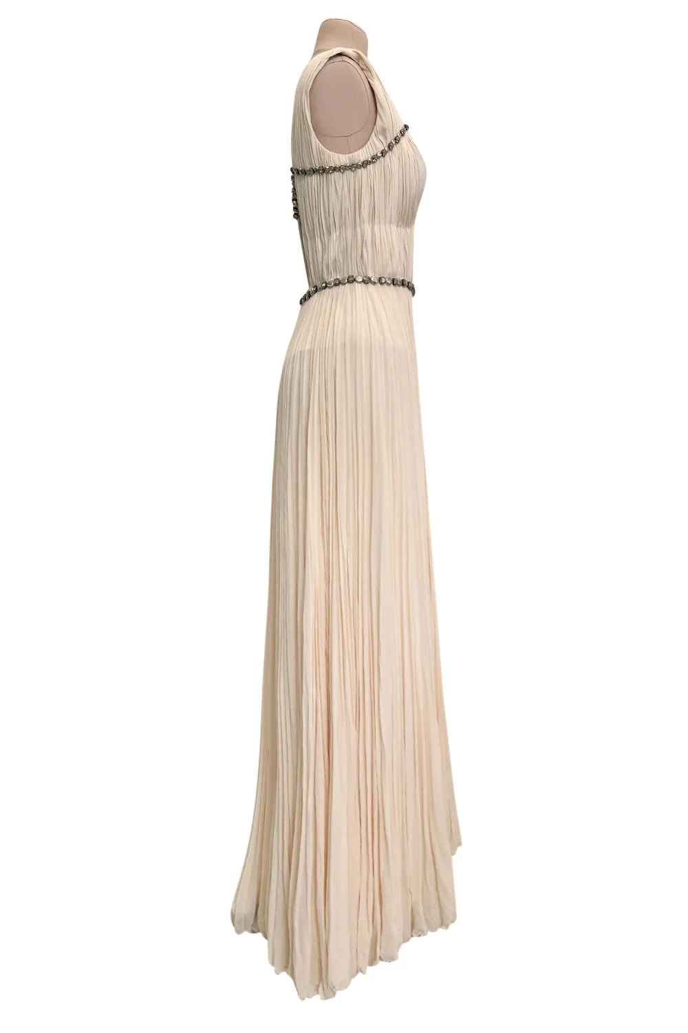 Incredible Fall 2007 Roberto Cavalli Ivory Pleated Silk Jersey Dress w Front Plunge & Rhinestones