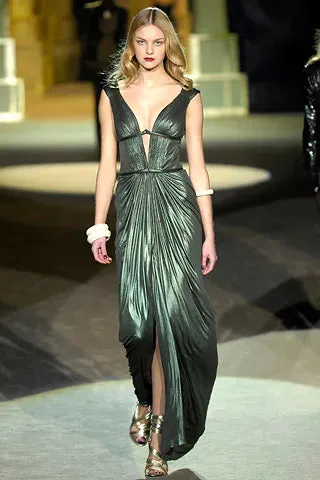 Incredible Fall 2007 Roberto Cavalli Ivory Pleated Silk Jersey Dress w Front Plunge & Rhinestones