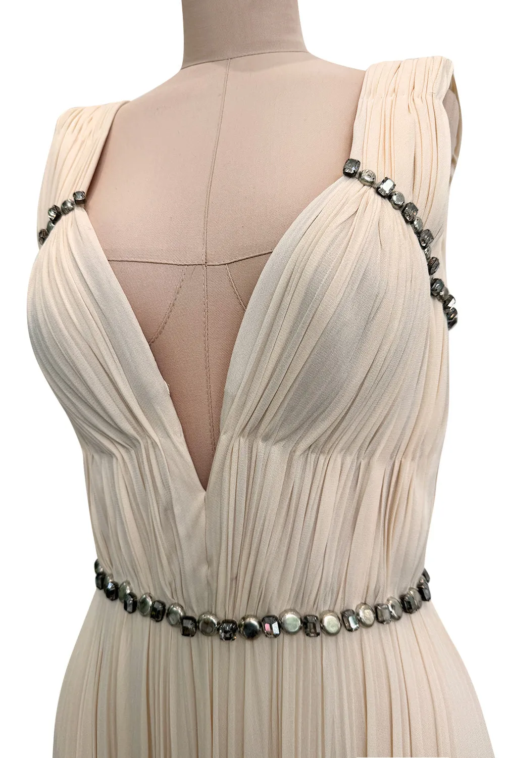 Incredible Fall 2007 Roberto Cavalli Ivory Pleated Silk Jersey Dress w Front Plunge & Rhinestones