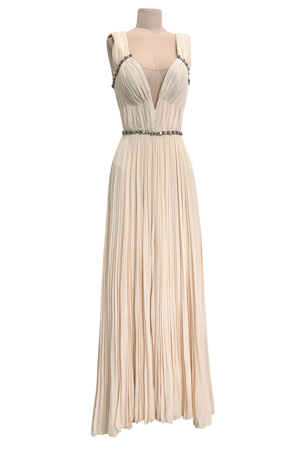 Incredible Fall 2007 Roberto Cavalli Ivory Pleated Silk Jersey Dress w Front Plunge & Rhinestones