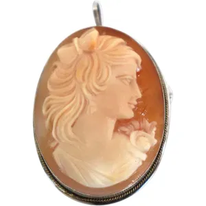 Italian Art Nouveau 800 Silver Cameo Shell Oval Brooch / Necklace Pendant