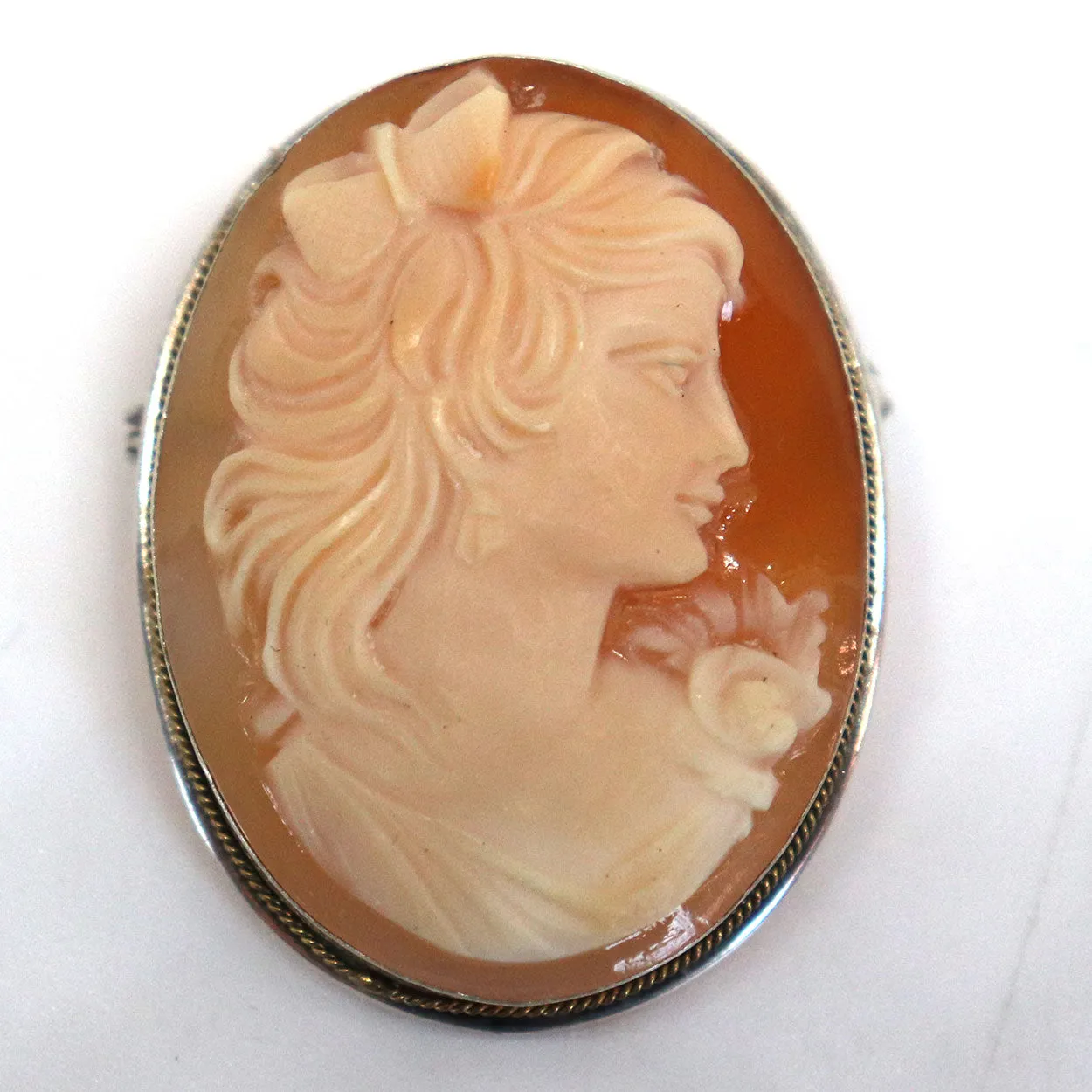 Italian Art Nouveau 800 Silver Cameo Shell Oval Brooch / Necklace Pendant