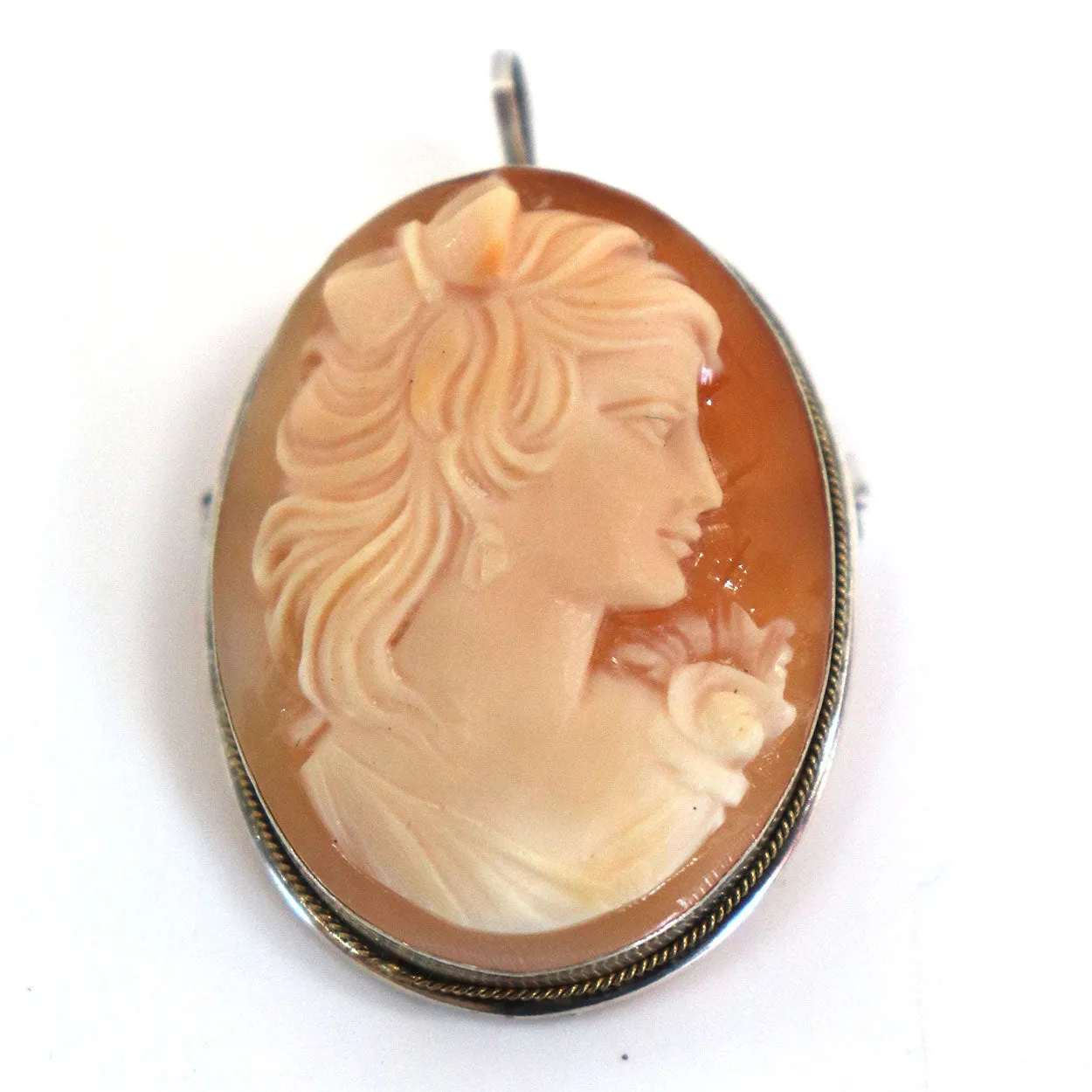 Italian Art Nouveau 800 Silver Cameo Shell Oval Brooch / Necklace Pendant