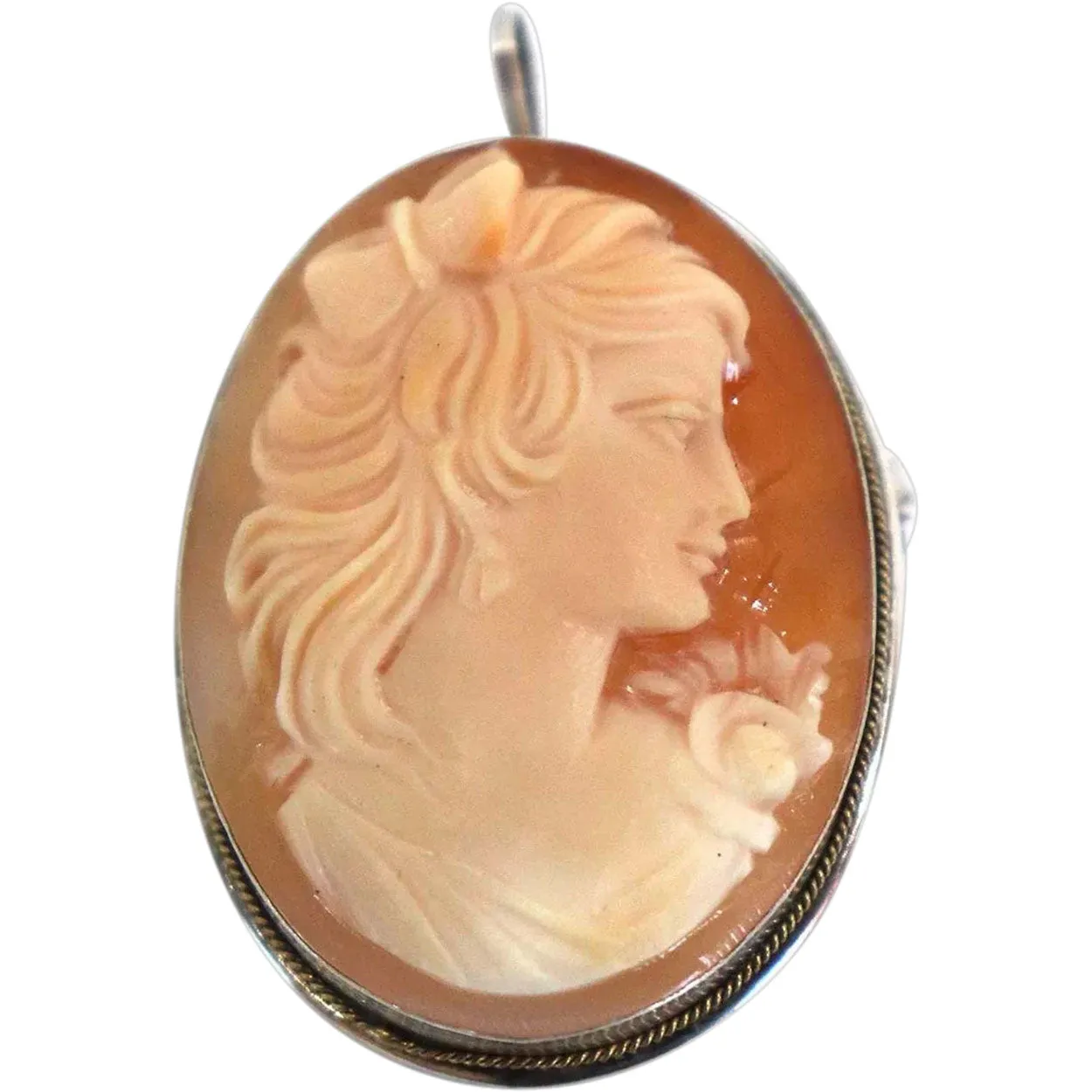 Italian Art Nouveau 800 Silver Cameo Shell Oval Brooch / Necklace Pendant