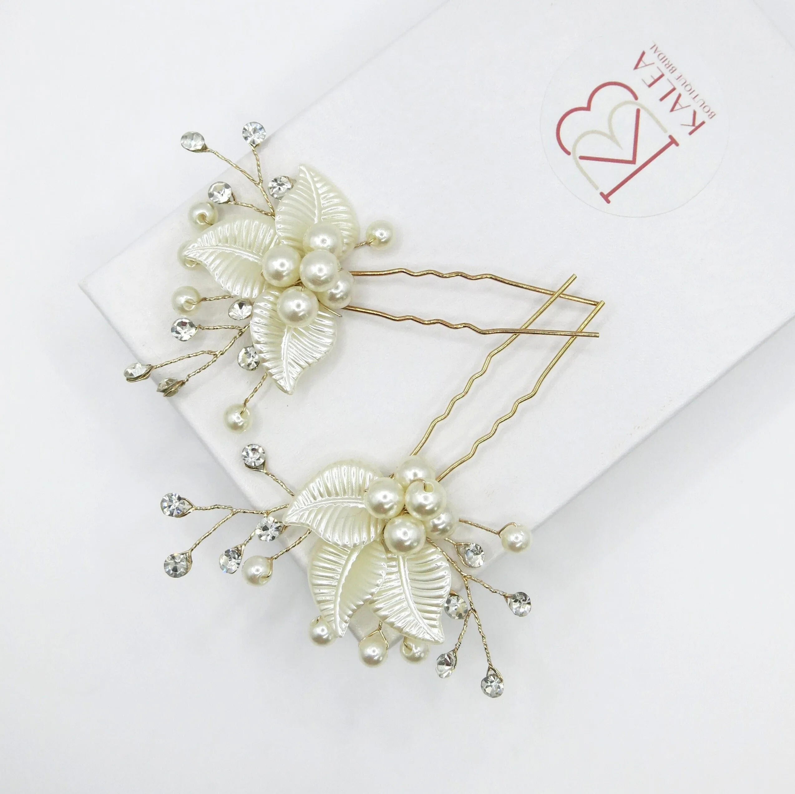 Ivory Pearl Leaf Bridal 2 PC Hairpin Set, Wedding Off White Pearl Flower Hair Pin, Bride Floral Pearl Hairpiece