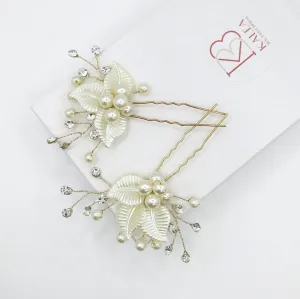 Ivory Pearl Leaf Bridal 2 PC Hairpin Set, Wedding Off White Pearl Flower Hair Pin, Bride Floral Pearl Hairpiece