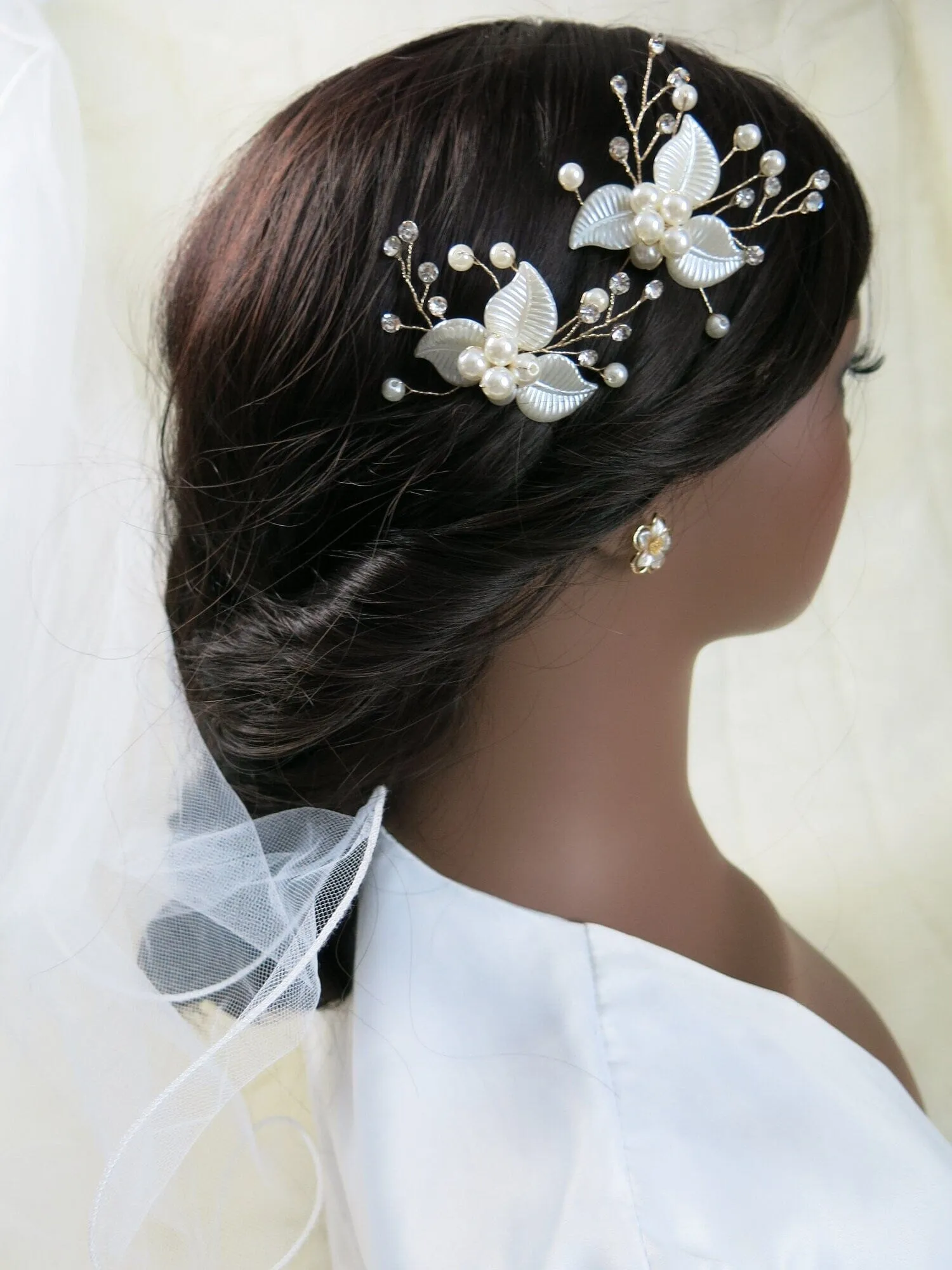 Ivory Pearl Leaf Bridal 2 PC Hairpin Set, Wedding Off White Pearl Flower Hair Pin, Bride Floral Pearl Hairpiece