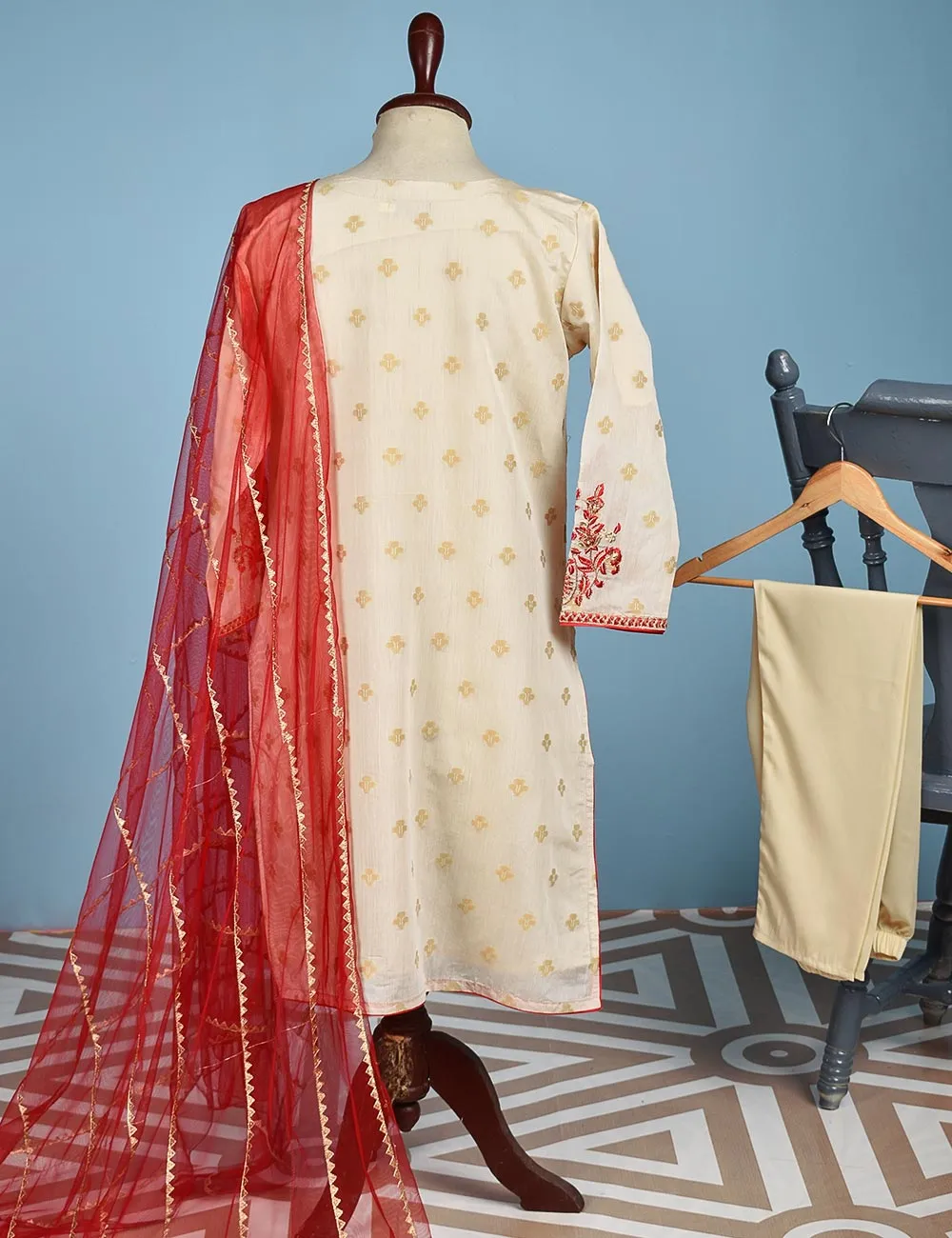 Jacquard Paper Cotton with Embroidered Net Dupatta &amp; Malai Silk Trouser - Autumn Love (RTW-9-Cream)