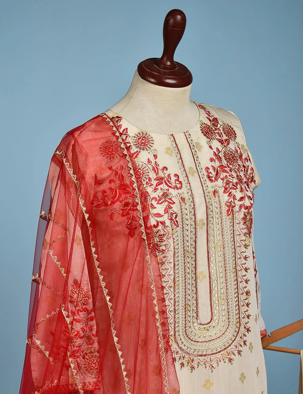 Jacquard Paper Cotton with Embroidered Net Dupatta &amp; Malai Silk Trouser - Autumn Love (RTW-9-Cream)