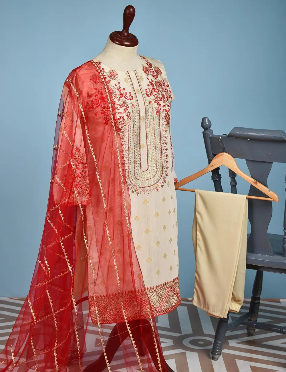 Jacquard Paper Cotton with Embroidered Net Dupatta &amp; Malai Silk Trouser - Autumn Love (RTW-9-Cream)