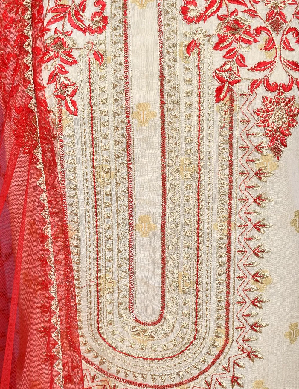 Jacquard Paper Cotton with Embroidered Net Dupatta &amp; Malai Silk Trouser - Autumn Love (RTW-9-Cream)