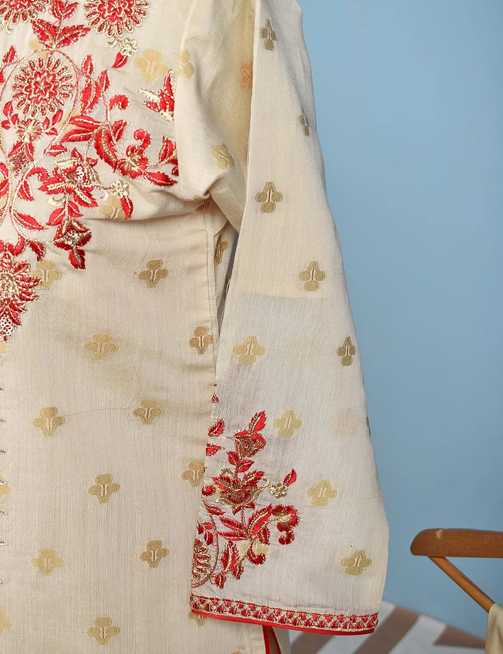 Jacquard Paper Cotton with Embroidered Net Dupatta &amp; Malai Silk Trouser - Autumn Love (RTW-9-Cream)