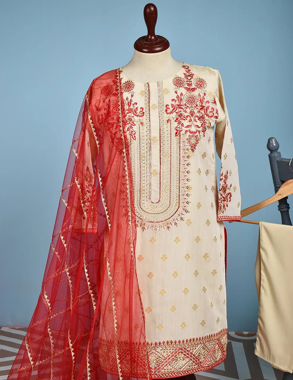 Jacquard Paper Cotton with Embroidered Net Dupatta &amp; Malai Silk Trouser - Autumn Love (RTW-9-Cream)