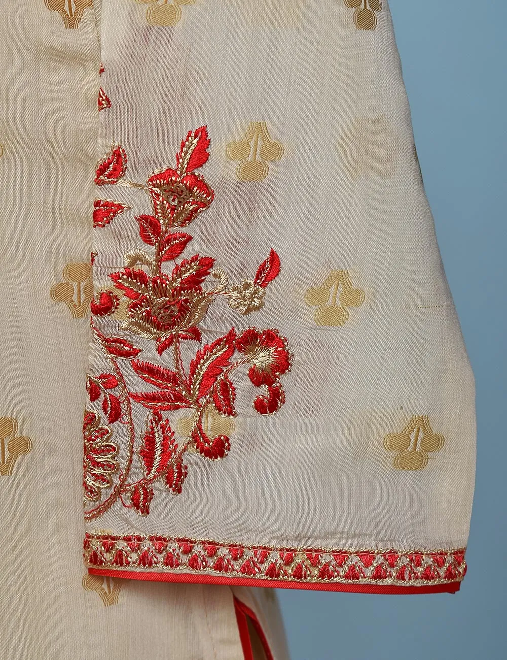 Jacquard Paper Cotton with Embroidered Net Dupatta &amp; Malai Silk Trouser - Autumn Love (RTW-9-Cream)