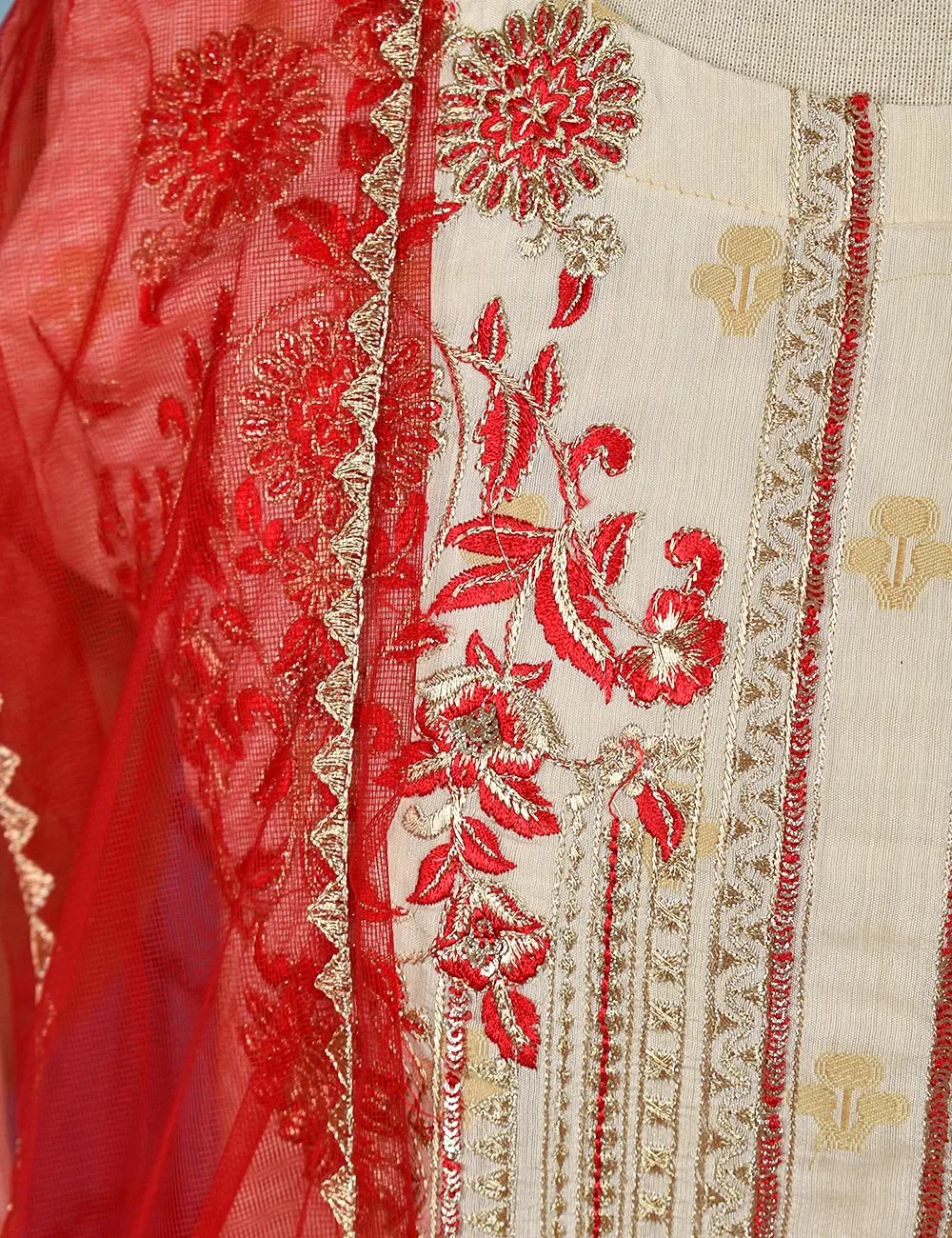 Jacquard Paper Cotton with Embroidered Net Dupatta &amp; Malai Silk Trouser - Autumn Love (RTW-9-Cream)