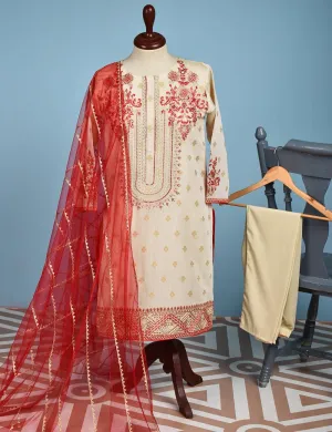 Jacquard Paper Cotton with Embroidered Net Dupatta &amp; Malai Silk Trouser - Autumn Love (RTW-9-Cream)