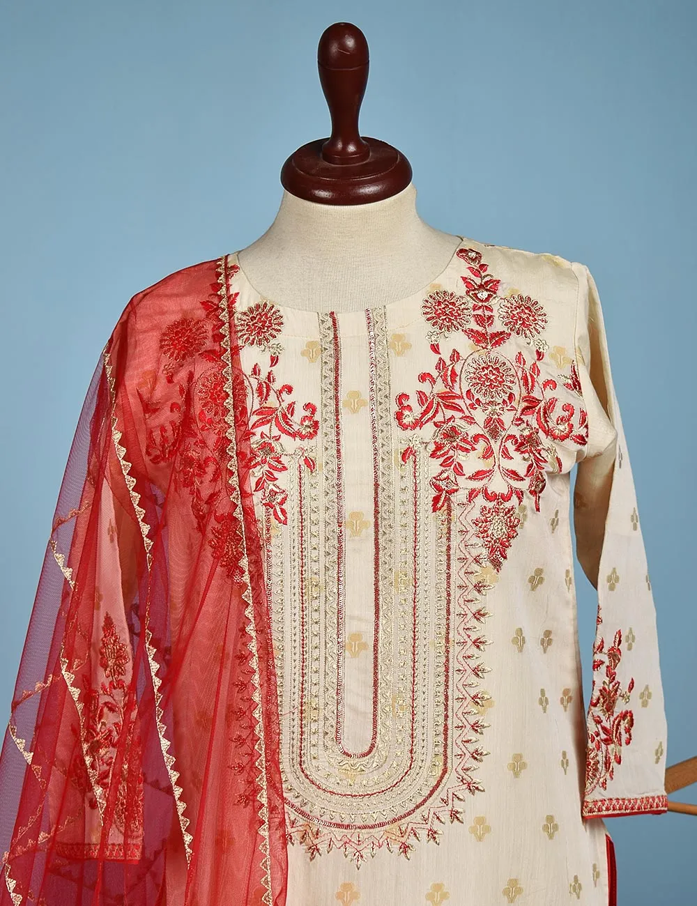 Jacquard Paper Cotton with Embroidered Net Dupatta &amp; Malai Silk Trouser - Autumn Love (RTW-9-Cream)