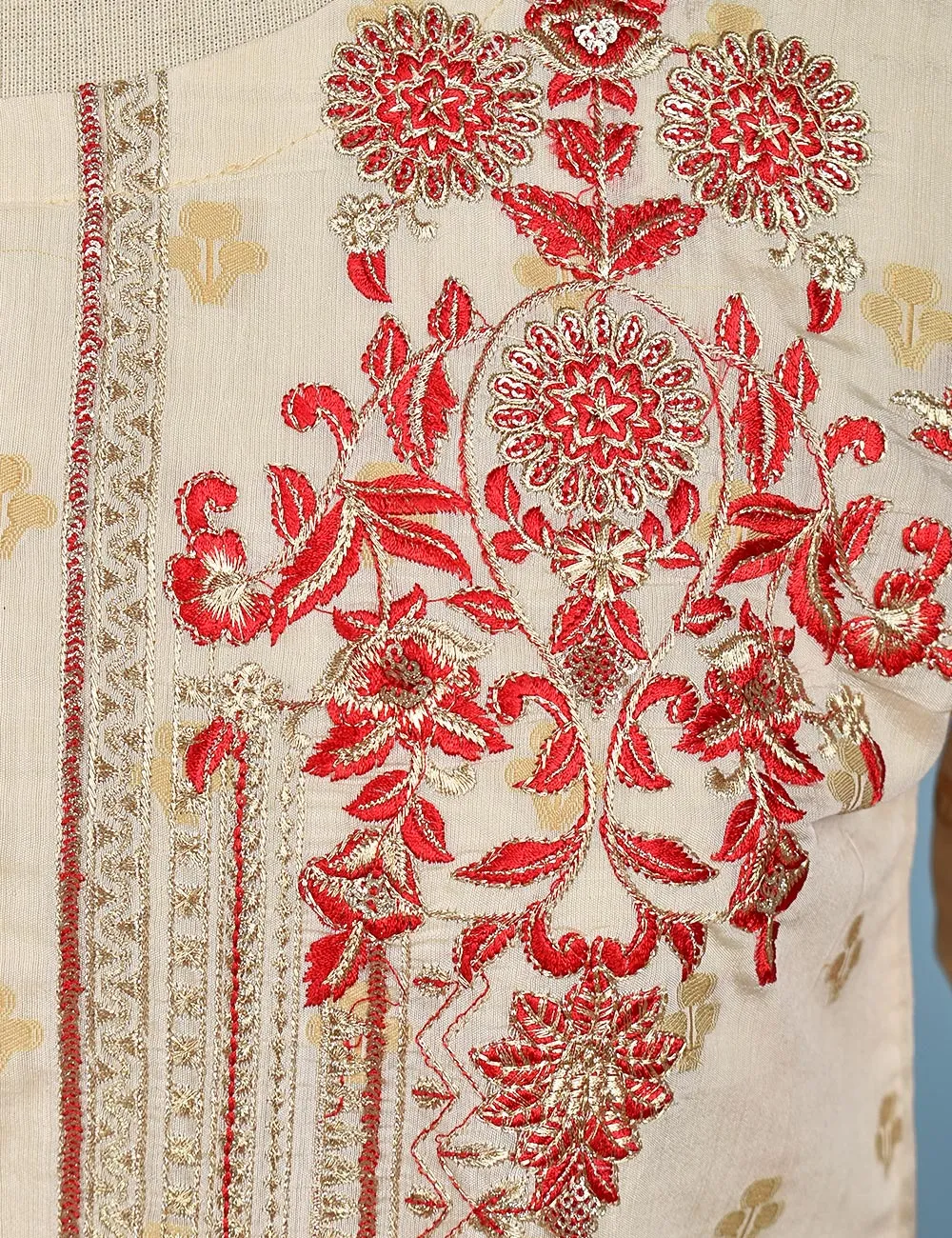 Jacquard Paper Cotton with Embroidered Net Dupatta &amp; Malai Silk Trouser - Autumn Love (RTW-9-Cream)