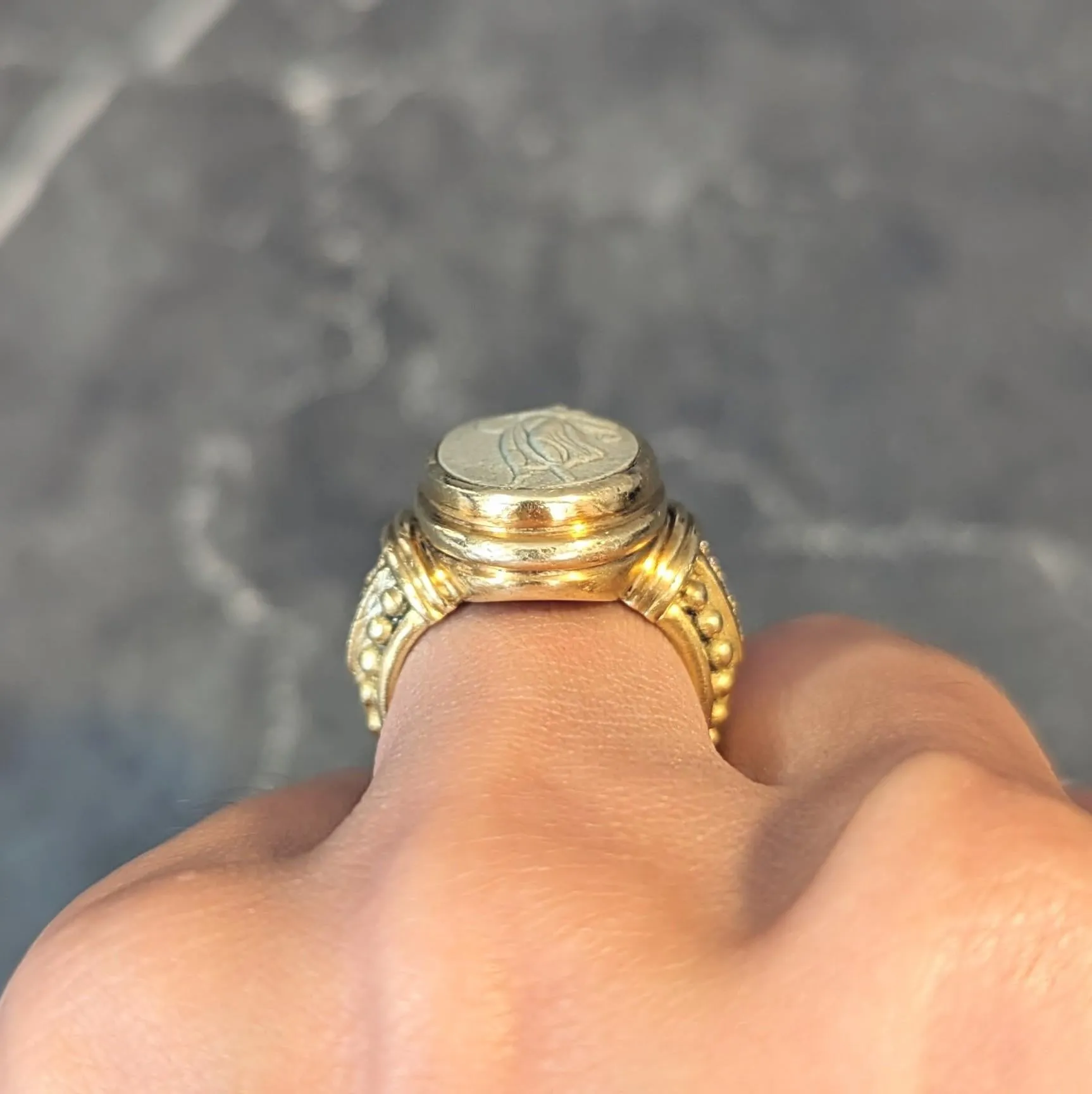 Judith Ripka 1990's Lava Rock Cameo Diamond 18 Karat Yellow Gold Vintage Signet Ring
