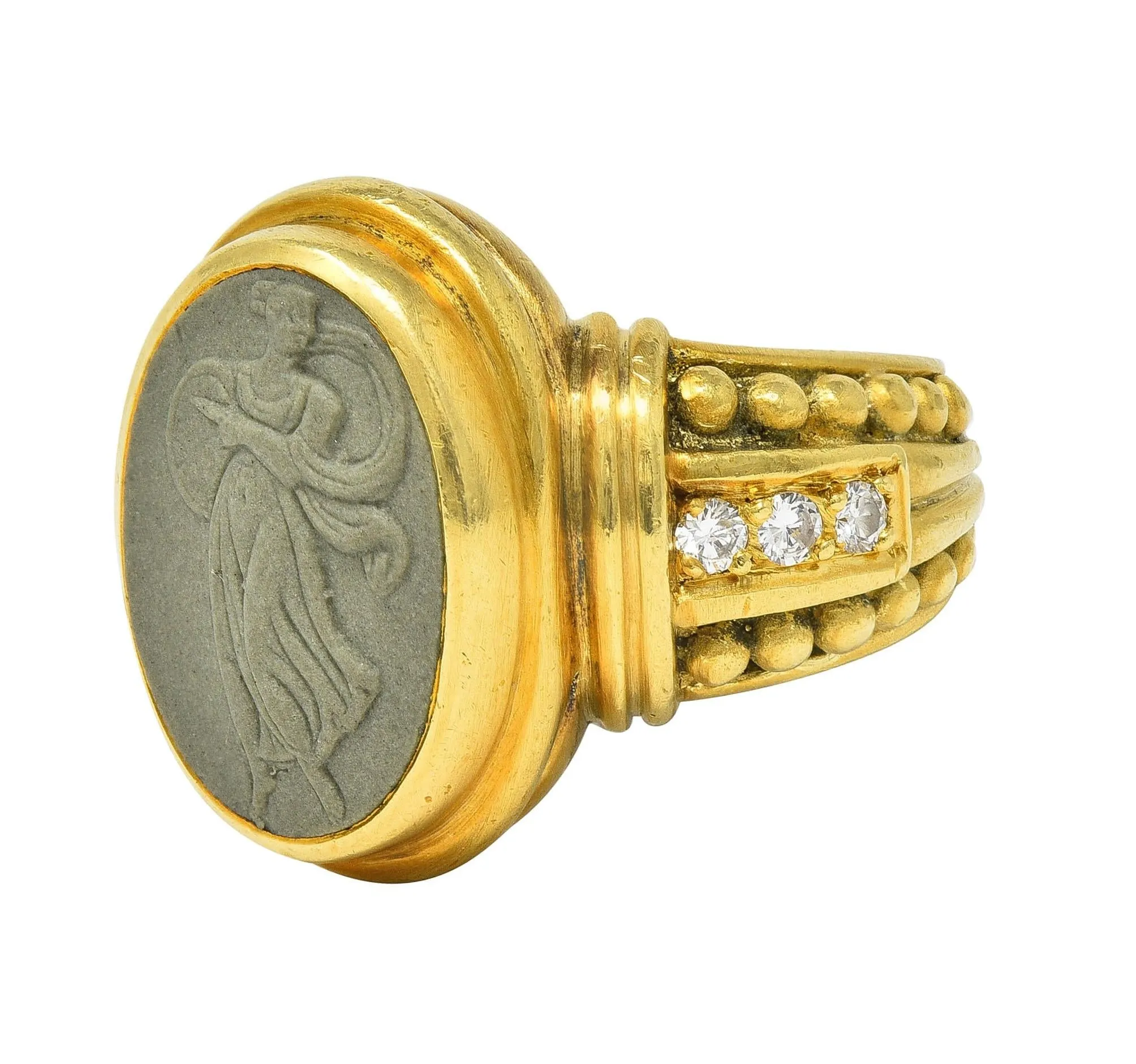 Judith Ripka 1990's Lava Rock Cameo Diamond 18 Karat Yellow Gold Vintage Signet Ring