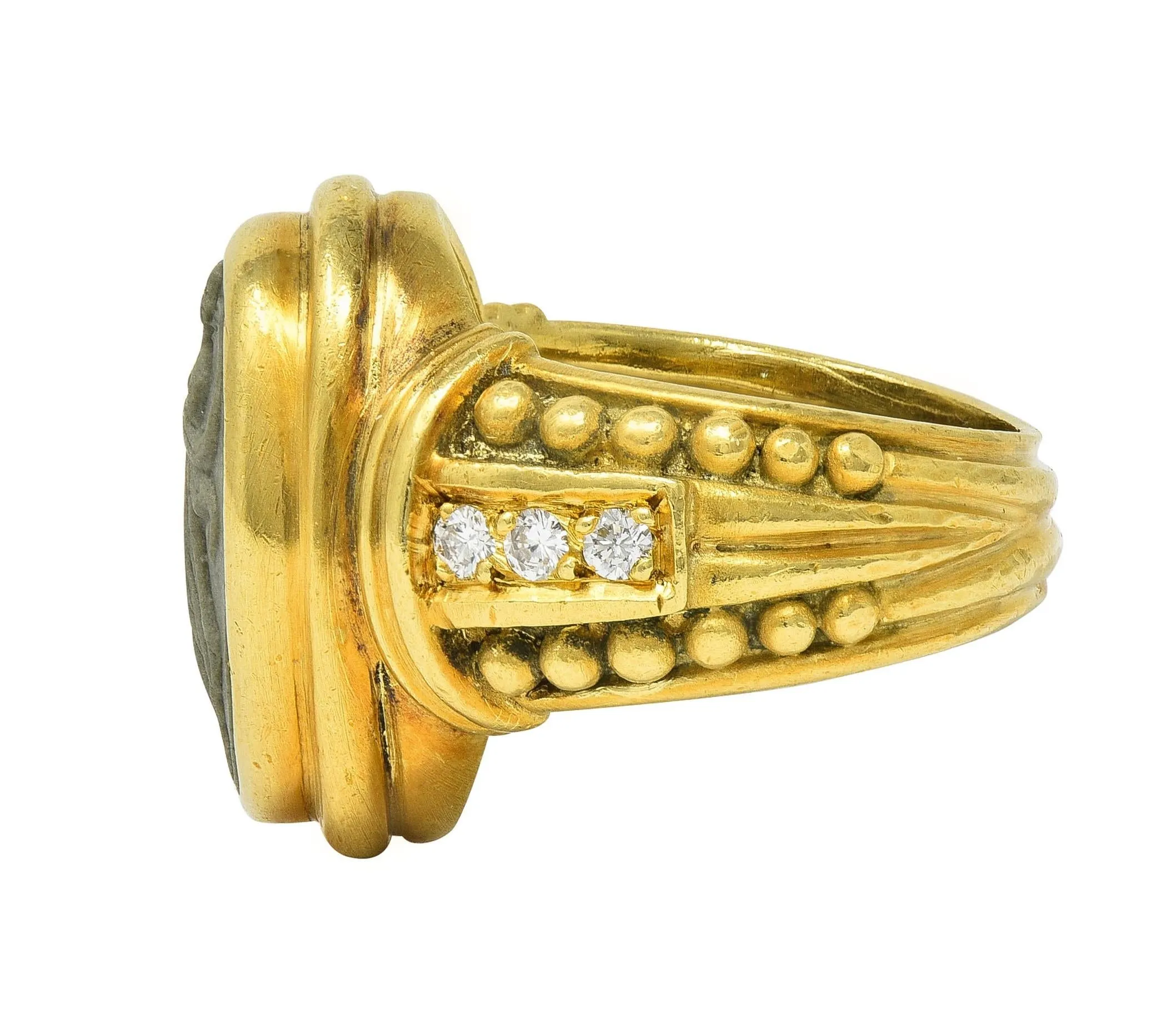 Judith Ripka 1990's Lava Rock Cameo Diamond 18 Karat Yellow Gold Vintage Signet Ring