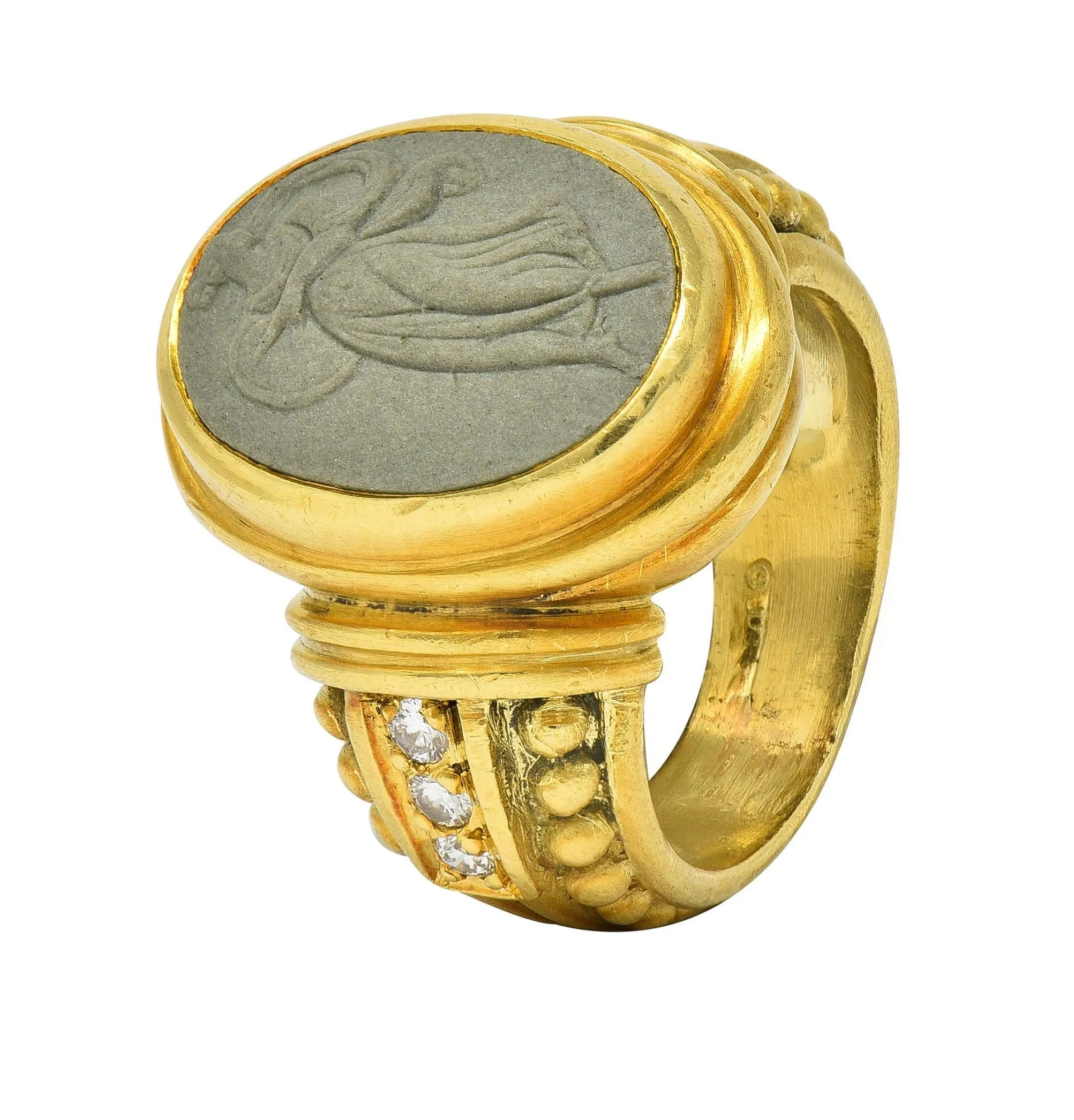 Judith Ripka 1990's Lava Rock Cameo Diamond 18 Karat Yellow Gold Vintage Signet Ring