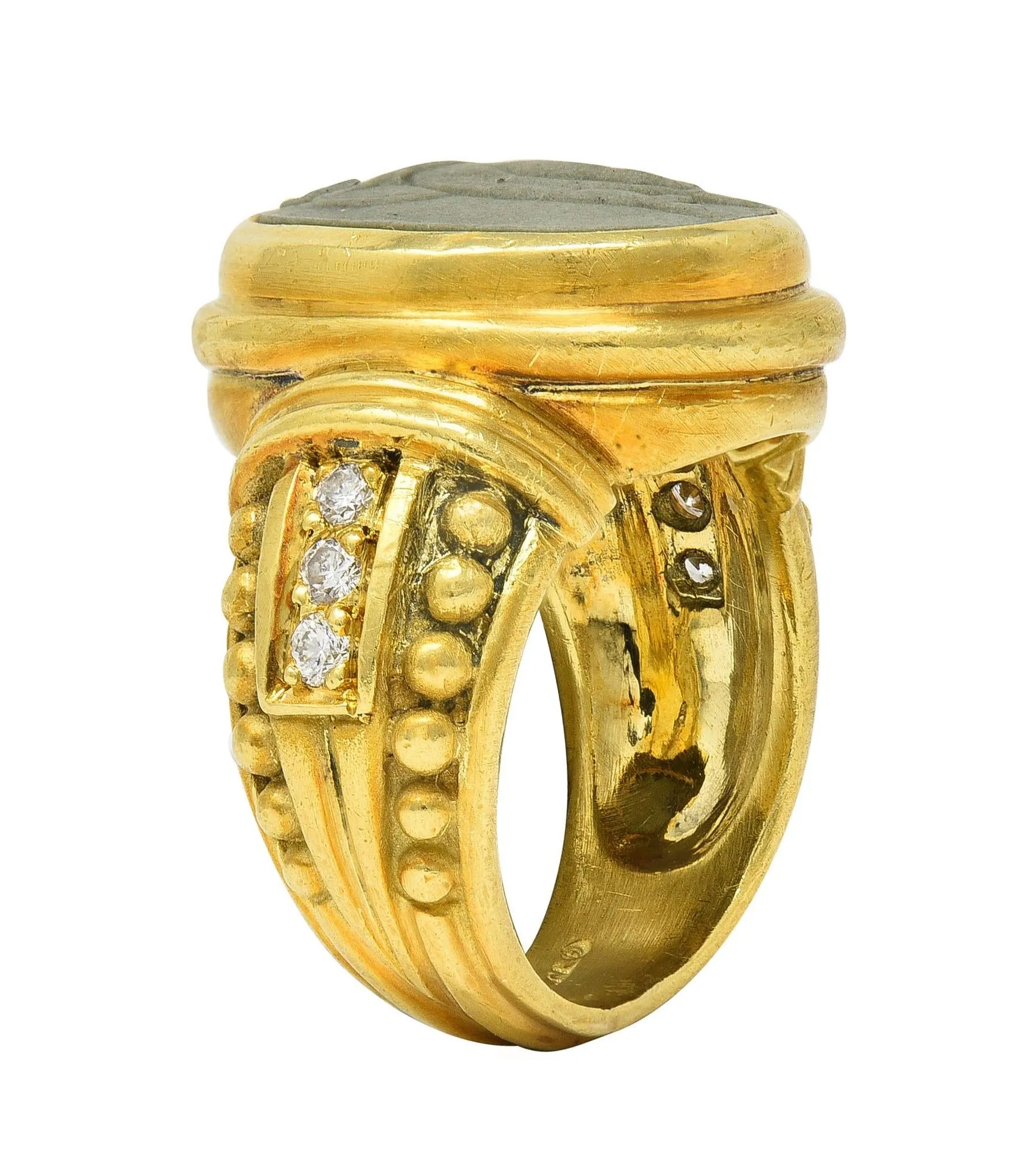 Judith Ripka 1990's Lava Rock Cameo Diamond 18 Karat Yellow Gold Vintage Signet Ring