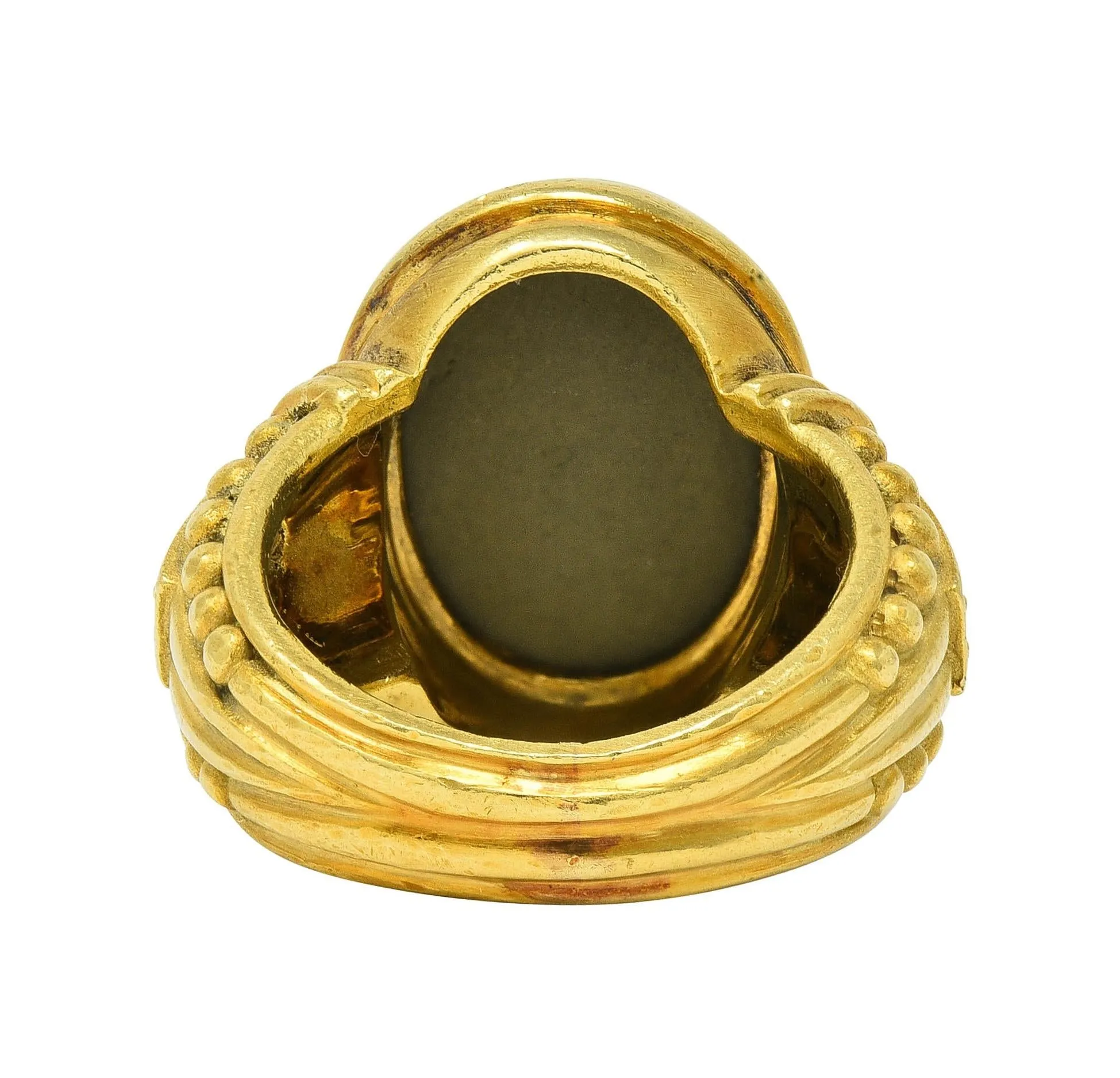 Judith Ripka 1990's Lava Rock Cameo Diamond 18 Karat Yellow Gold Vintage Signet Ring