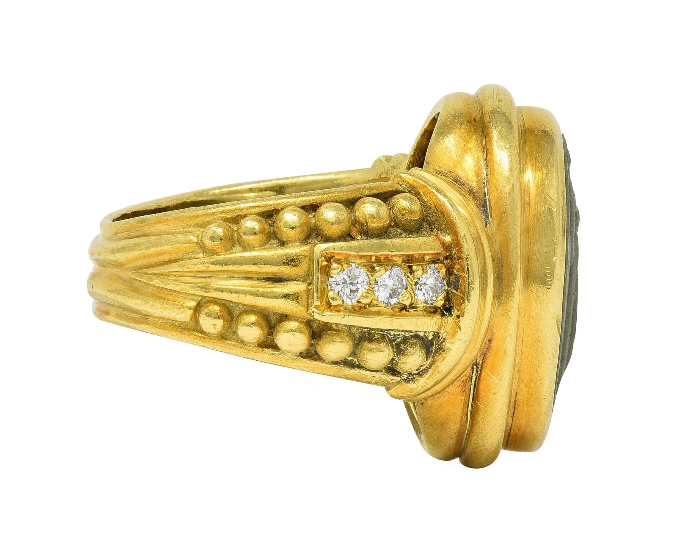 Judith Ripka 1990's Lava Rock Cameo Diamond 18 Karat Yellow Gold Vintage Signet Ring