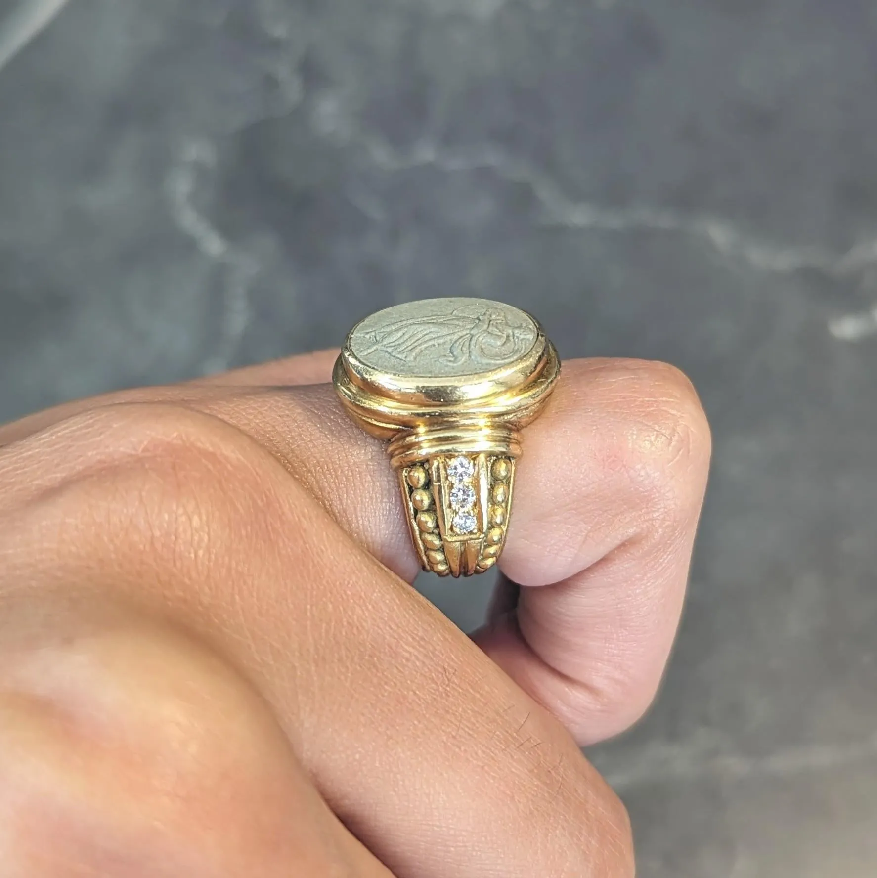 Judith Ripka 1990's Lava Rock Cameo Diamond 18 Karat Yellow Gold Vintage Signet Ring
