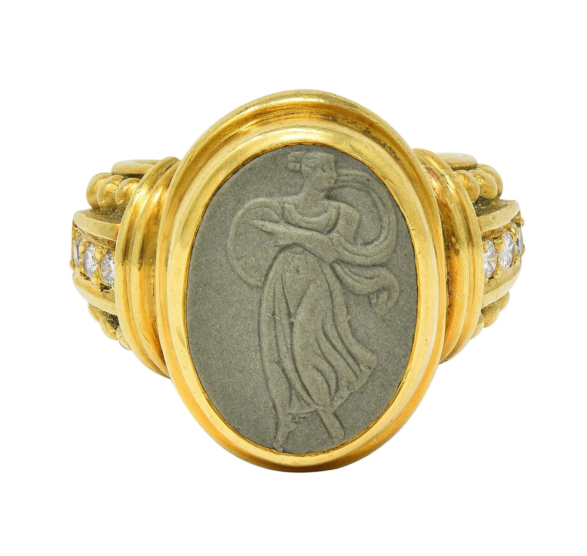 Judith Ripka 1990's Lava Rock Cameo Diamond 18 Karat Yellow Gold Vintage Signet Ring