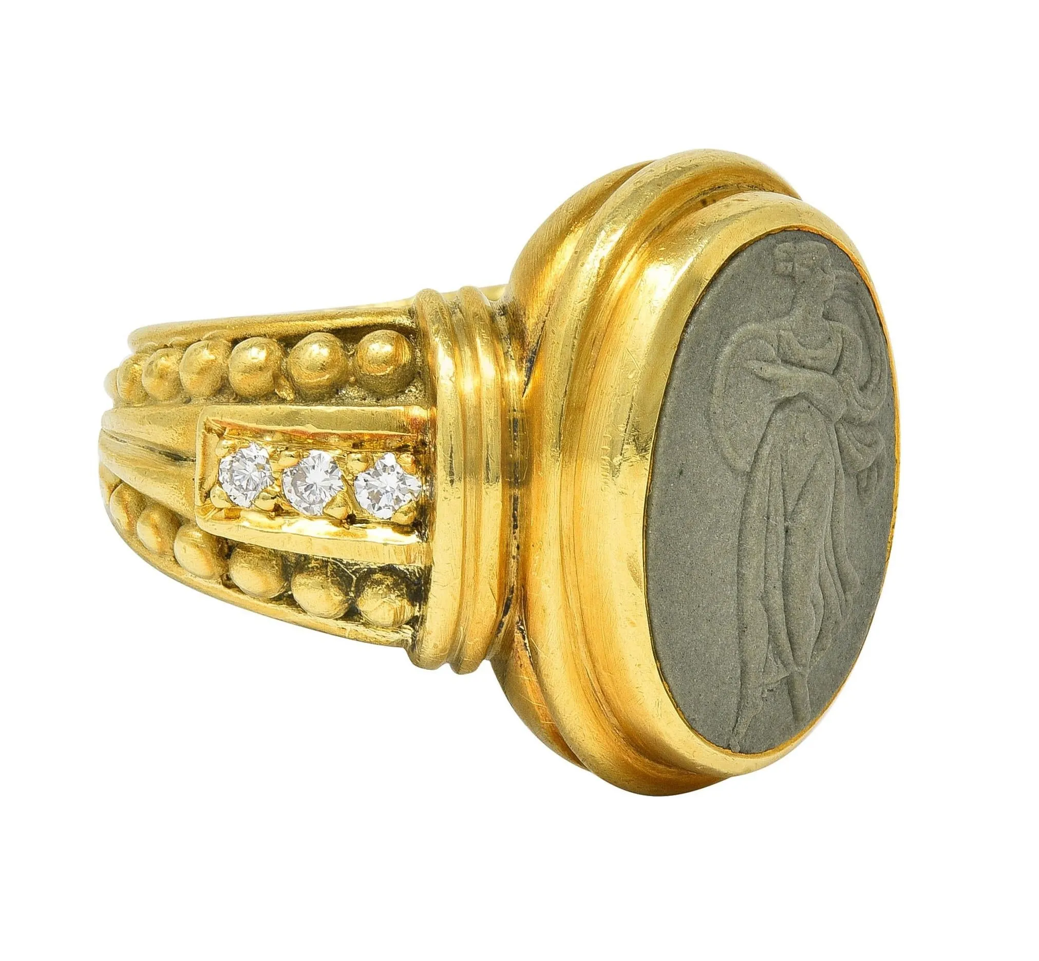 Judith Ripka 1990's Lava Rock Cameo Diamond 18 Karat Yellow Gold Vintage Signet Ring