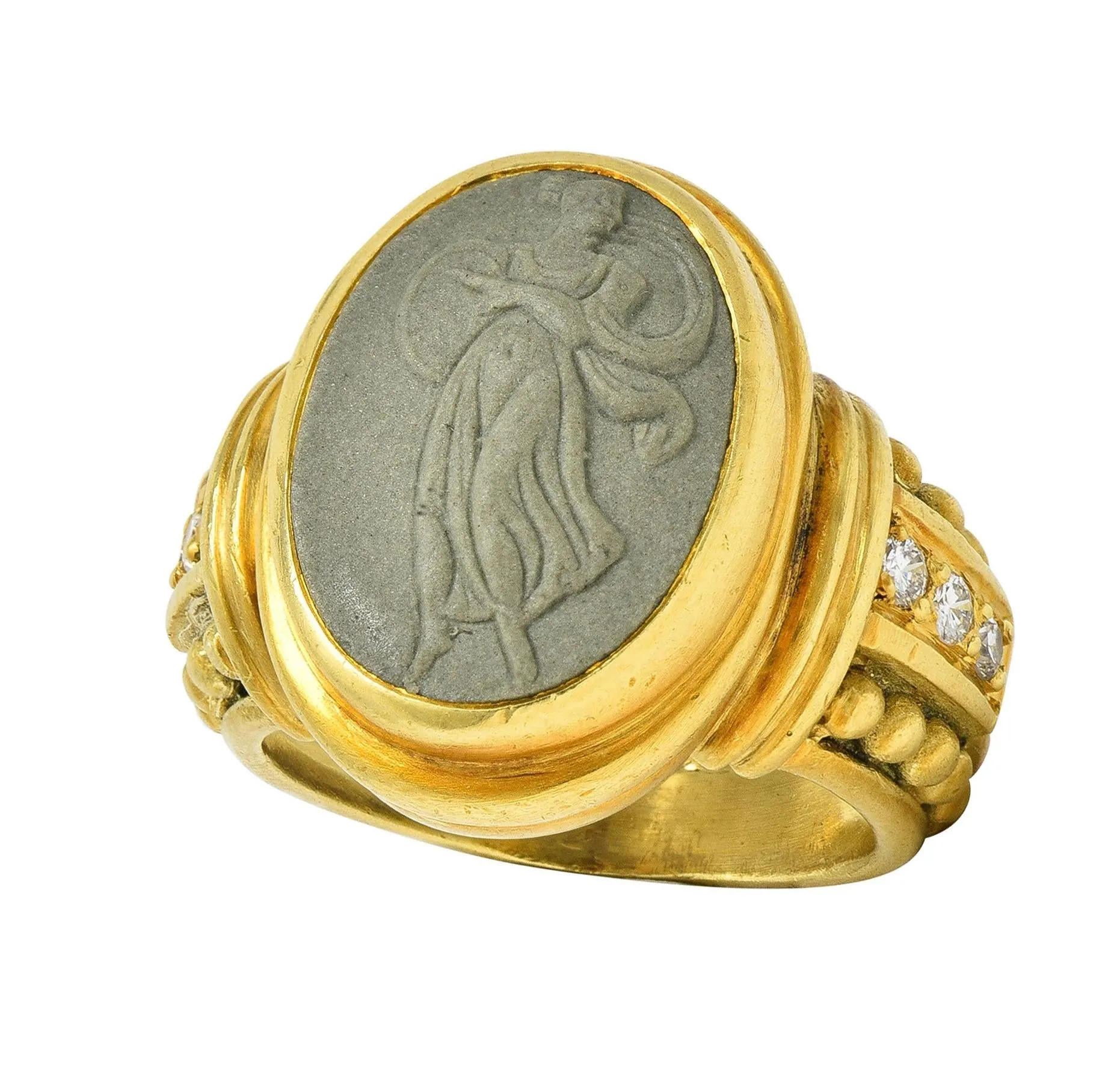 Judith Ripka 1990's Lava Rock Cameo Diamond 18 Karat Yellow Gold Vintage Signet Ring