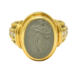 Judith Ripka 1990's Lava Rock Cameo Diamond 18 Karat Yellow Gold Vintage Signet Ring