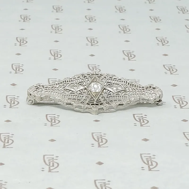 Lacy Art Deco Filigree and Diamond Brooch