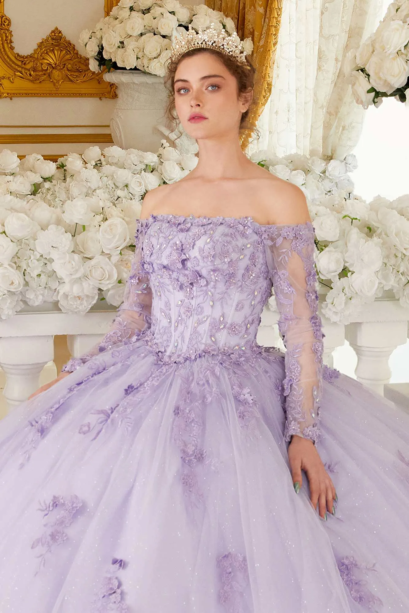 Ladivine 15706 Floor Length Off Shoulder Lace Long Sleeve Ball Gown