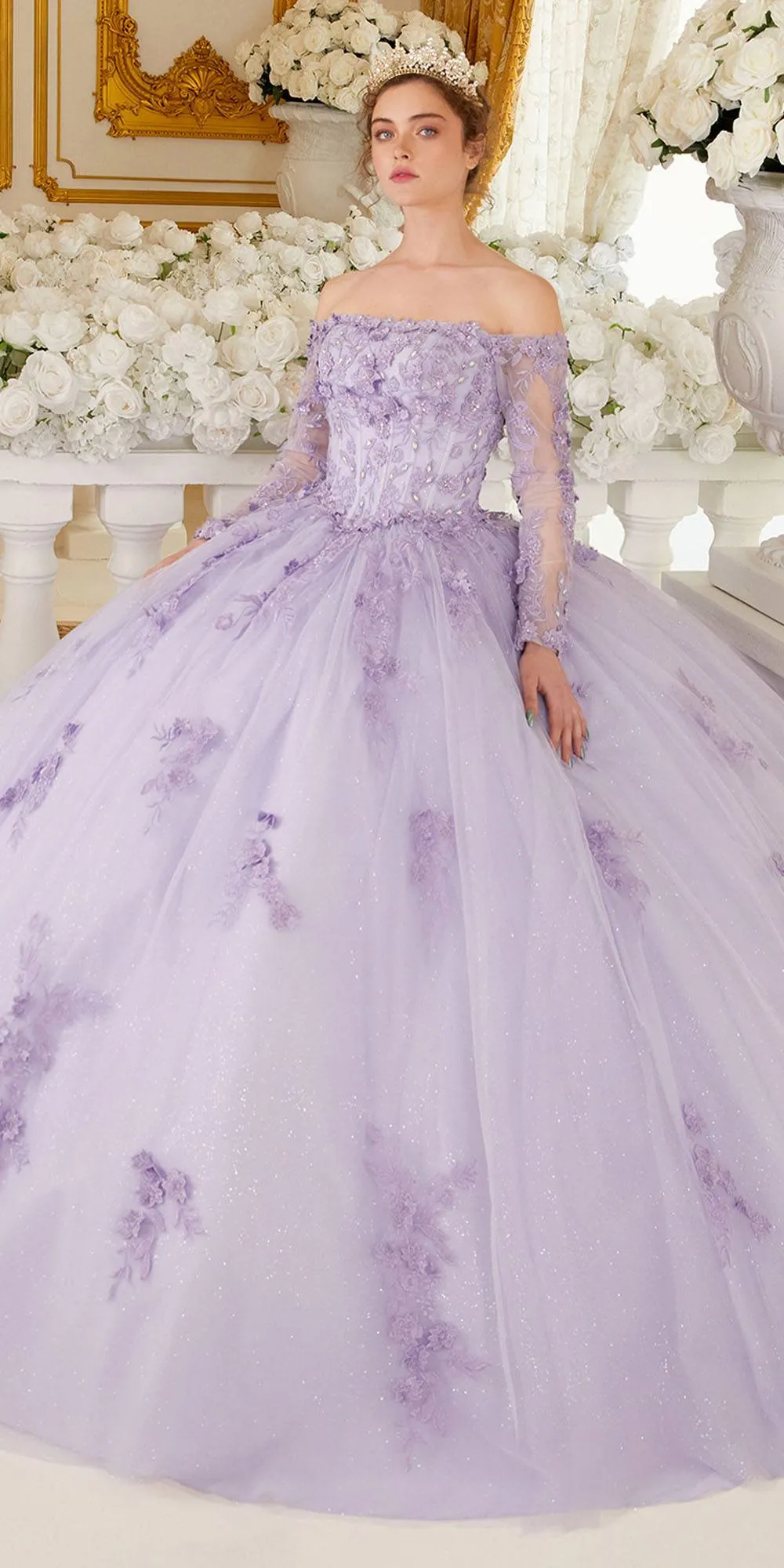Ladivine 15706 Floor Length Off Shoulder Lace Long Sleeve Ball Gown