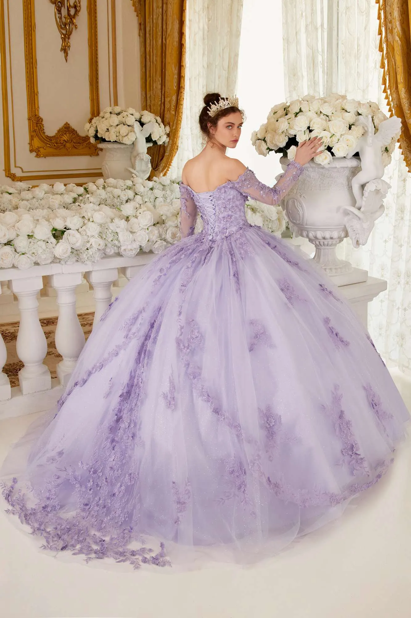 Ladivine 15706 Floor Length Off Shoulder Lace Long Sleeve Ball Gown