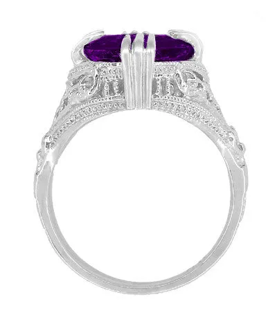 Large Oval Amethyst Art Deco Filigree Ring in 14 Karat White Gold