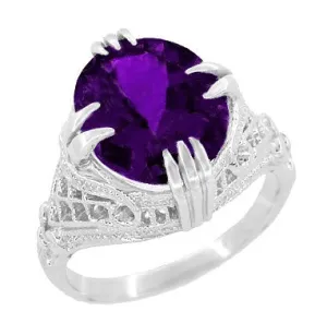 Large Oval Amethyst Art Deco Filigree Ring in 14 Karat White Gold