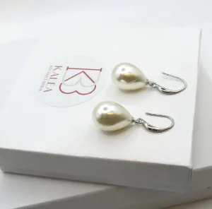 Large Teardrop Pearl Earrings, Bridal Silver Pearl Drop Earrings, Minimalist Dangle Pearl Earrings