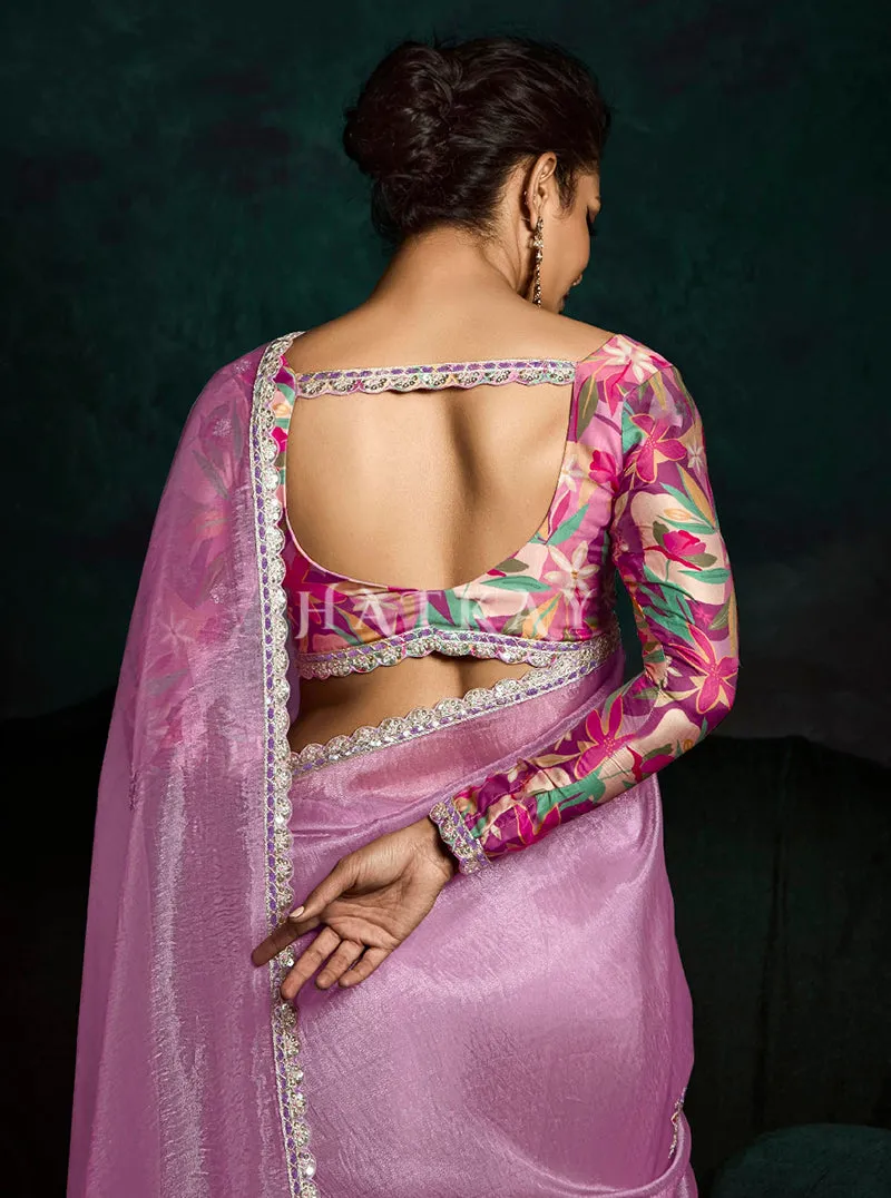 Lavender And Pink Handwork Tissue Silk Saree